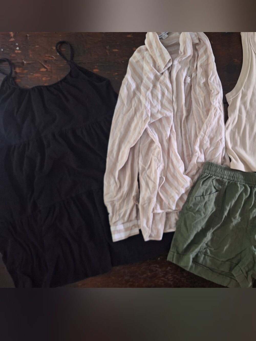 Old Navy Black Tank Top Dres, Olive Green Shorts, Cream Tank, Linen Stripe Shirt